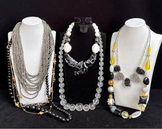 7 Beaded Necklaces Varying Lengths * Black White Clear Yellow and Gold Tone