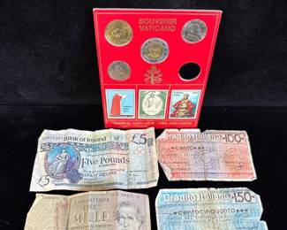 Italy Dollar Bills * Vatican Souvenir Coins and Stamp Set * Ireland Dollar Bill