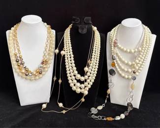 6 Costume Faux Pearl * Glass Bead * Polished Agate Necklaces Some Vintage * Goldtone Metal