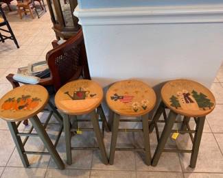 4 Sturdy Wooden Stools with Seasonal Hand- painted seats