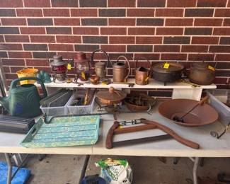 Railroad lanterns, Antique saws and Copper pitchers