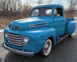 1948 Ford 2 Door F-1 Truck, 239 Cubic Inch 100 HP V-8 Engine, 4 Speed Floor Shift, 6 Volt, Turquoise Blue, VIN #88RC128316, 
