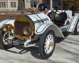 1912 Mercer Raceabout Reproduction, Built On 1930 Pontiac Drivetrain, Flathead (Split Head) Inline 6 Cylinder Engine, 3 Speed Manual Transmission, 6 Volt, White/Gold, VIN #OP733554 