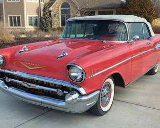 1957 Chevrolet Bel Air Convertible, 283 Cubic Inch 220 HP Powerpack V-8 Engine 4 Barrel Carb, 3 Speed Manual Transmission With Overdrive, Red/White, 12 Volt, VIN #VC57J279246