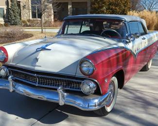 1955 Ford Fairlane 2 Door Sunliner Convertible, 272 Cubic Inch 162 HP Y Block V-8 Engine, 3 Speed Manual Transmission, 6 Volt, Red/White, VIN #M5LC179179 