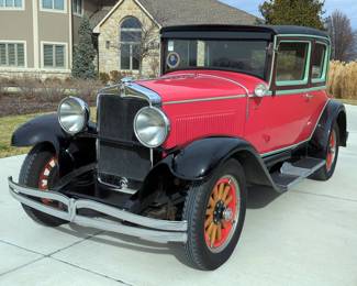 1928 Hupmobile Century Six Opera Coupe, 212 Cubic Inch Inline 6 Engine, 6 Volt, 3 Speed Manual Transmission, Mint/Red/Black/Brown, VIN #A77895, 