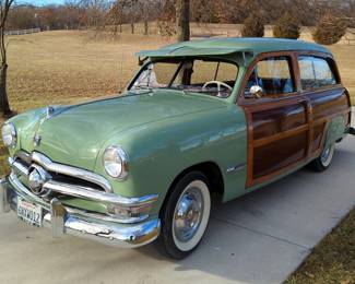 1950 Ford Woody Station Wagon 3 Door, 239 Cubic Inch 95 HP Flathead V-8 Engine, 3 Speed Manual Transmission With Overdrive, 6 Volt, Green/Wood, VIN #B0DL162206 