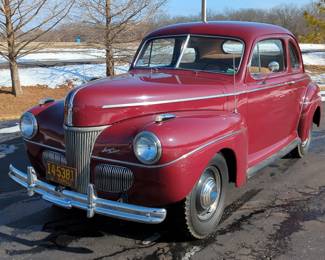 1941 Ford Super Deluxe 2 Door Club Coupe, 239 Cubic Inch 95 HP Flathead V-8 Engine, 3 Speed Manual Transmission, 6 Volt, Red, VIN #186618142 