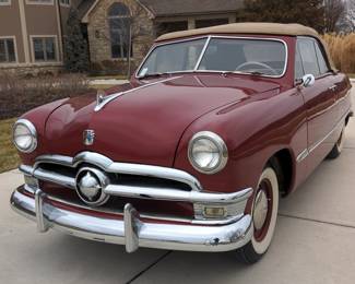 1950 Ford Custom Deluxe 2 Door Convertible, 239 Cubic Inch 100 HP V-8 Engine, 3 Speed Manual Transmission, 6 Volt, Red VIN #B0SP143822 