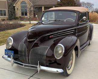 1939 Lincoln Zephyr 4 Door Convertible, 267 Cubic Inch 110 HP V-12 Engine, 3 Speed Manual Transmission, 6 Volt, Maroon VIN #1168361 
