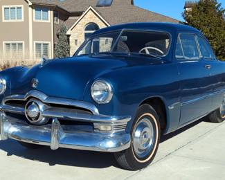 1950 Ford Custom Club Coupe 2 Door, 225 Cubic Inch 95 HP Inline 6 Cylinder Engine, 3 Speed Manual Transmission With Overdrive, 6 Volt, Blue, VIN #H0KC126507 