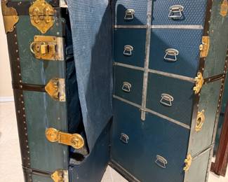 Blue Leather Wardrobe Steamer Trunk with Drawers