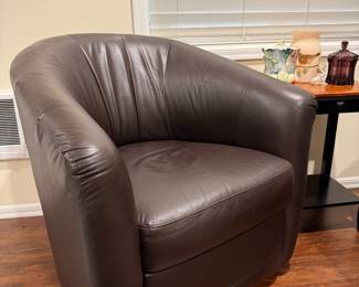 Faux Brown Leather Barrel Arm Chair