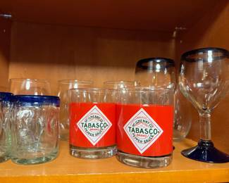 Mexican Hand-Blown Glass Tumbler Cobalt Blue Rim Glasses and Wine Glasses,  Pair of Tabasco Brand Lowball Glasses