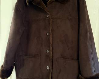 Brown Faux Suede Coat with Faux Fur Collar
