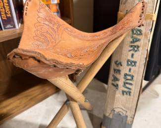 1970s Tandy Leather Company Bar-B-Que Tooled Leather Folding Camping Seat