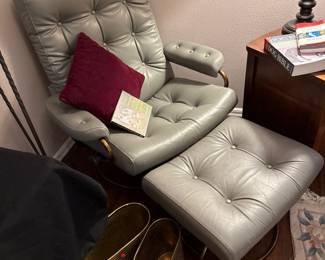Mid Century Grey Leather Stressless Reclining Lounge Chair and Ottoman