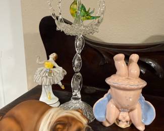 Dresden Lace Ballerina Figurine – Made in Germany MZ Hallmark, Blown Glass Hand Spun Bird in Birdcage Figurine, The Harvey Knox Kingdom&nbsp;House of Global Art Bulldog Figurine