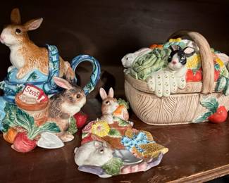 1996 Fitz and Floyd English Garden Bunnies Watering Can Teapot, Fitz and Floyd Bunny Garden Wall Plaque, 1995 Fitz and Floyd Omnibus Basket Full of Rabbits Cookie Jar