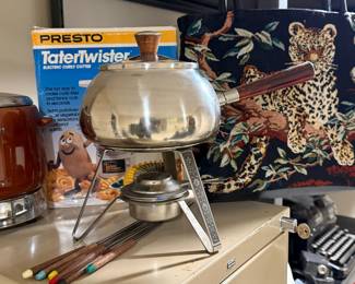 Mid Century Stainless Steel Fondue Pot with Teak Handle