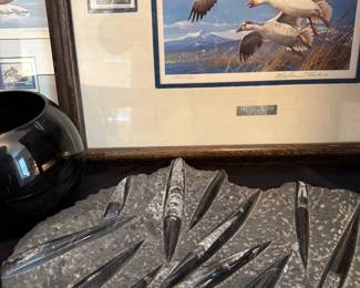 1985 Oregon Waterfowl Stamp Print Signed Michael Sieves, Polished Orthoceras Fossil Plaque