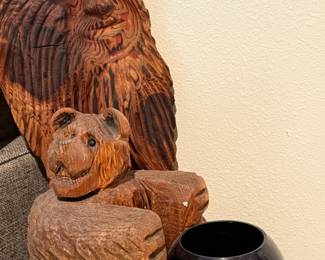 Carved Wood "Wood Spirits" Sculptures, Carved Wood Bear Cub Sculpture
