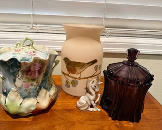 Early RS Prussia Gold Gilt Enamel Roses Biscuit Jar, Amethyst Purple Vulcan Pattern Lidded Candy Dish