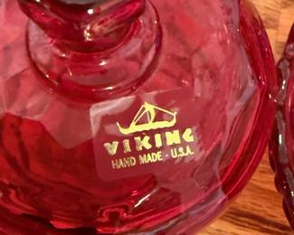 Viking Glass Ruby Red Glass Lidded Sugar Bowl & Creamer