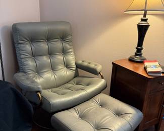 Mid Century Grey Leather Stressless Reclining Loungs Chair and Ottoman
