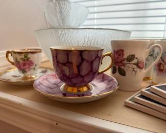 JRJS Cluj Romania Mauve Floral Tea Cup and Saucer, Napco Bone China Rose Teacup & Saucer