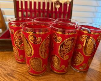 Set of 6 Culver Style Red & Gold Paisley Highball Glasses