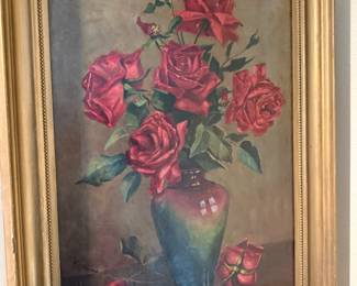 Framed Still Life Rose Bouquet Oil Painting