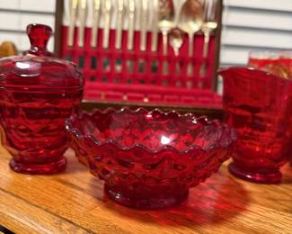 Viking Glass Ruby Red Glass Lidded Sugar Bowl & Creamer