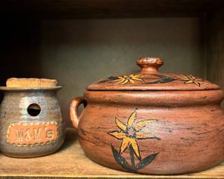 Brown Stoneware M&M Dispenser, Hand-Painted Floral Design Pottery Tureen