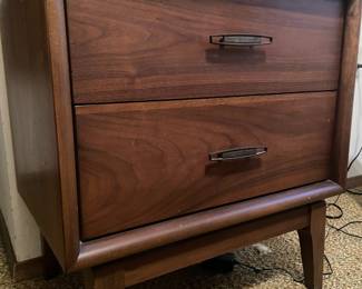 Mid Century Walnut Double Drawer Night Stand
