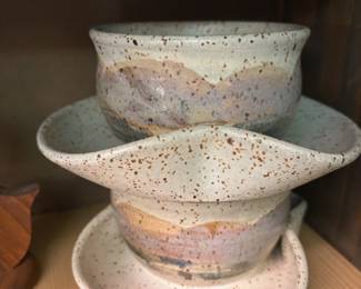 Pair of  Jeaneane Hill Studio Pottery Soup Mugs with Cracker Holders