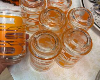 Mid Century Libbey Orange Abstract Design Tea Glasses