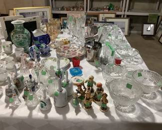 Bell collection, several Hummels, crystal bowls