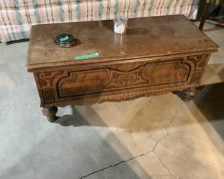 Antique hope chest in great shape.  Decorative front and on legs.  Presale $125