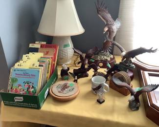 Golden books…most from the 1950’s,  eagle decorative items some of which are music boxes