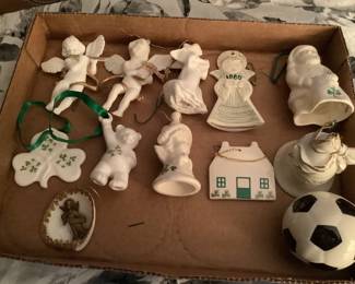 Belleck ornaments plus pair of angels, soccer ball, 