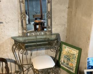 Gorgeous metal makeup table with seat and matching mirror.
