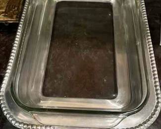 9 by 13 beaded pewter and pyrex casserole 