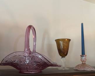 Fenton glass basket, candle stick