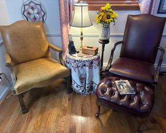 Leather accent chairs, ottoman