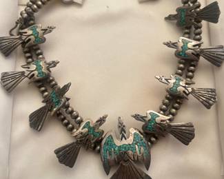 Antique Navajo Thunderbird Necklace Sterling / Turquoise