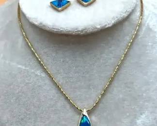 14K YG BlueGreen Opal Pendant Earrings