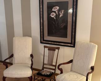 Accent chairs, needle point rocking chair, art