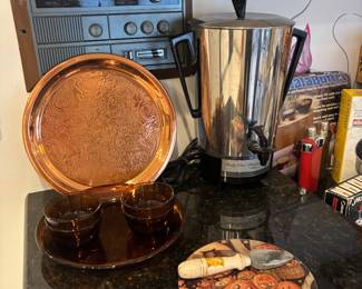 Coffee pot, copper serving tray