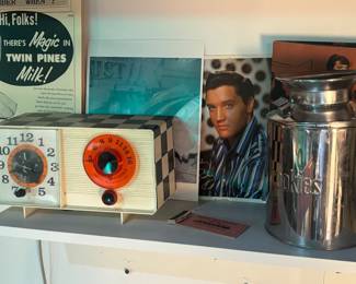 Elvis collectibles, vintage cookie tin with match book collection, antique tube radio